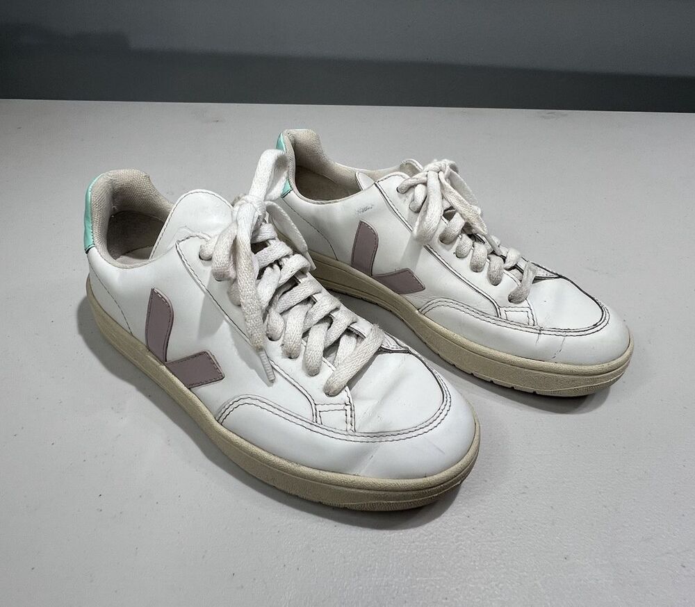 Veja V-12 Leather Sneakers Extra White Parme Turquoise Womens Size US 6 EU 37